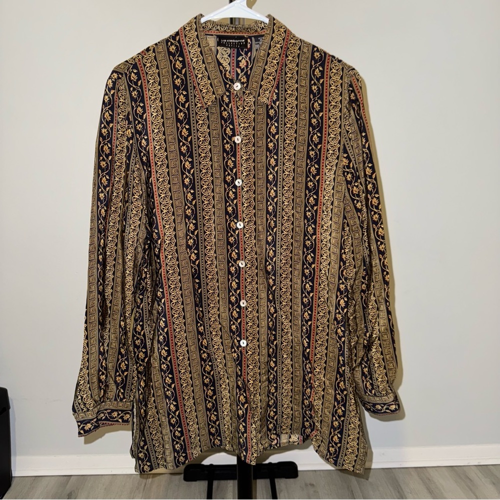 Liz Claiborne Women’s Size 10 Petite Black Gold Stripped Silk Long Sleeve Blouse
